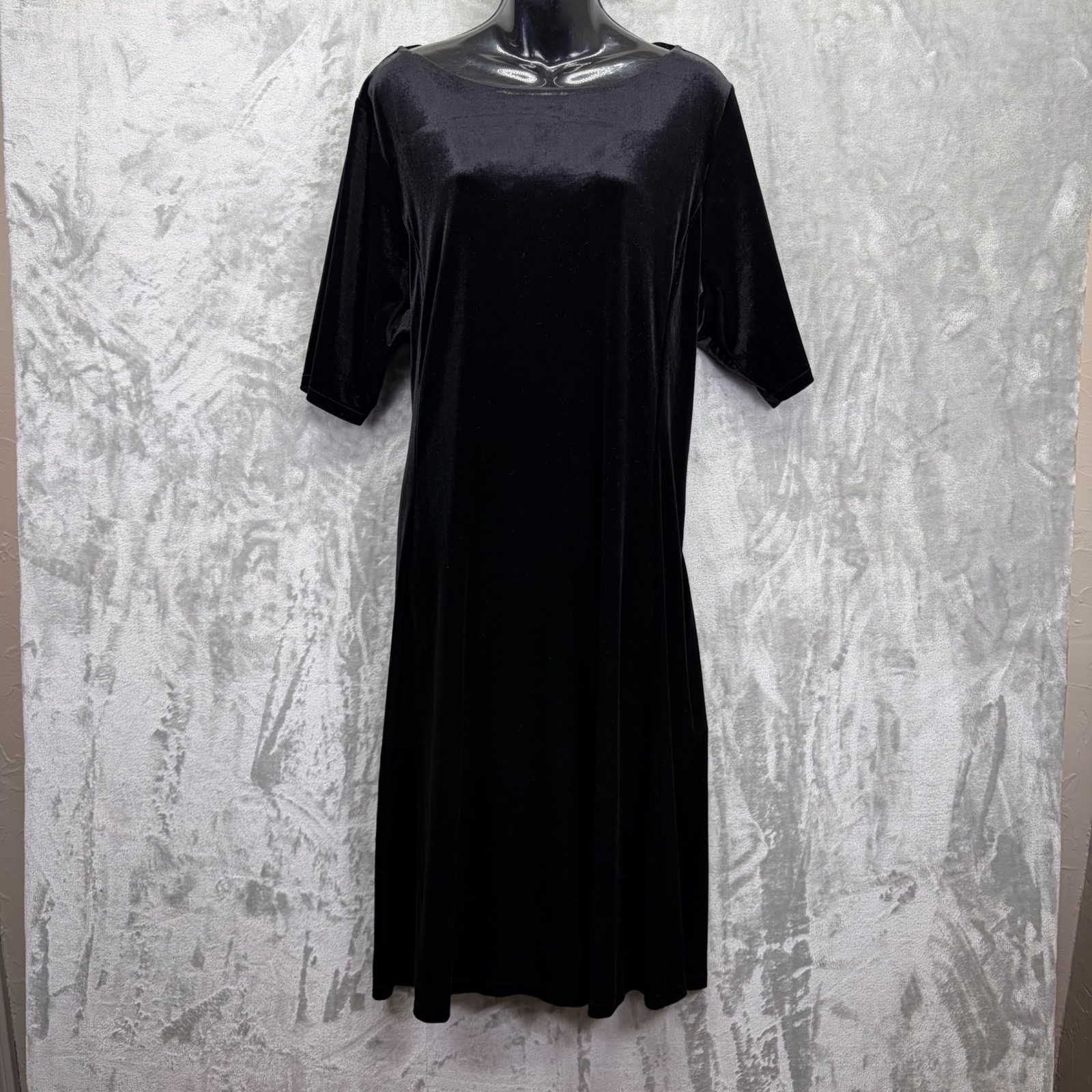 Lands End Black Velvet Shift Dress Plus Size 2x 20w 22w Short Sleeve Boat Neck